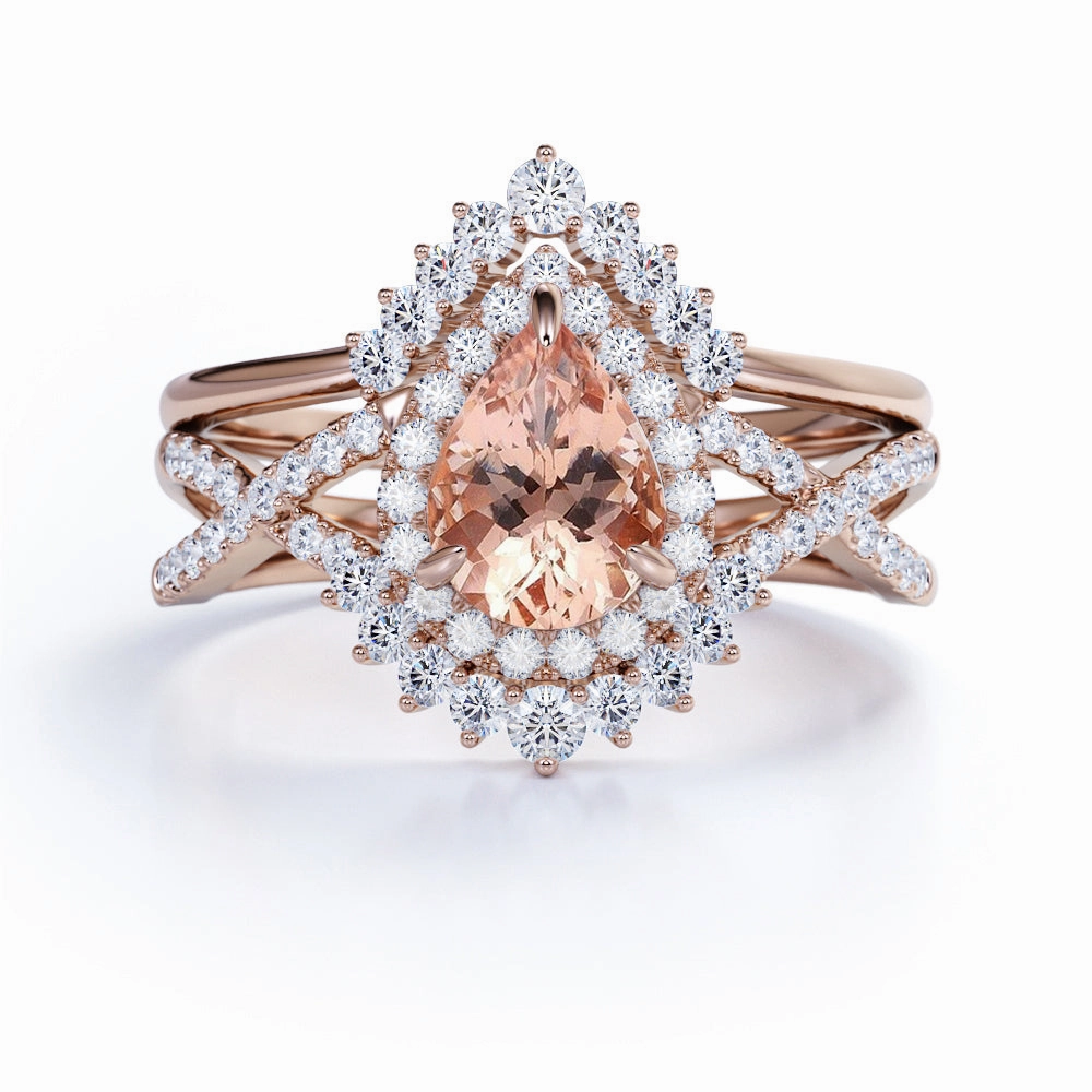 Beautiful Sign Handcrafted Jewelry Infinity 1.75 ct Pear Morganite Halo Art Deco Wedding Set