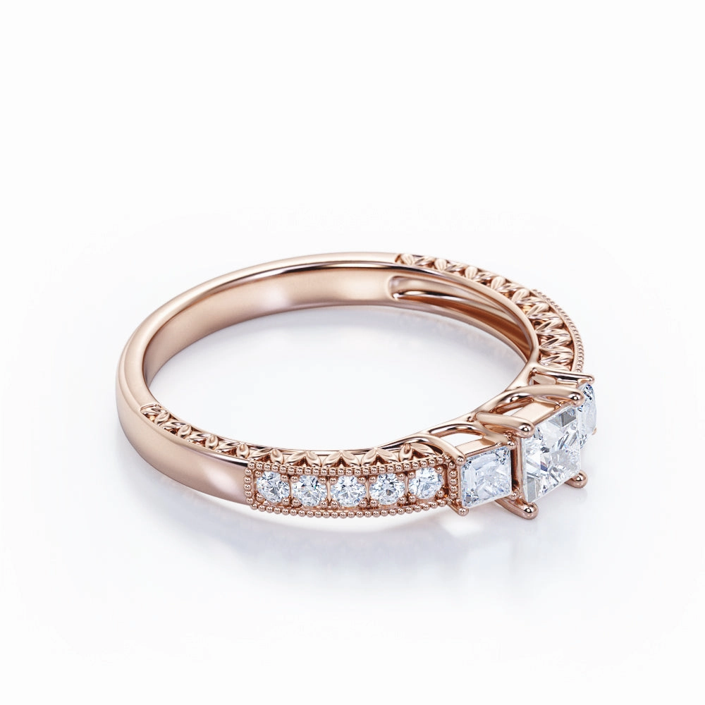 Exquisite Item Unique Piece Intricate Leaf-inspired 1 carat Princess Moissanite and Diamond Engagement Ring in Rose Gold
