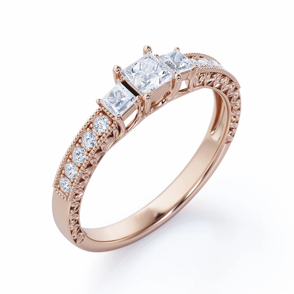 Intricate Leaf-inspired 1 carat Princess Moissanite and Diamond Engagement Ring in Rose Gold Exclusive access Excellent Article