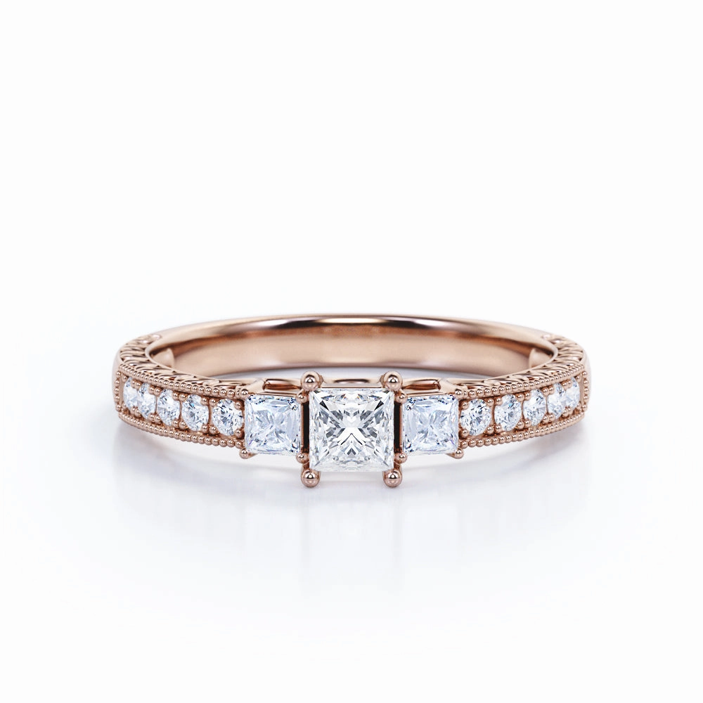 Intricate Leaf-inspired 1 carat Princess Moissanite and Diamond Engagement Ring in Rose Gold Traditional Decoration Fashion Accent