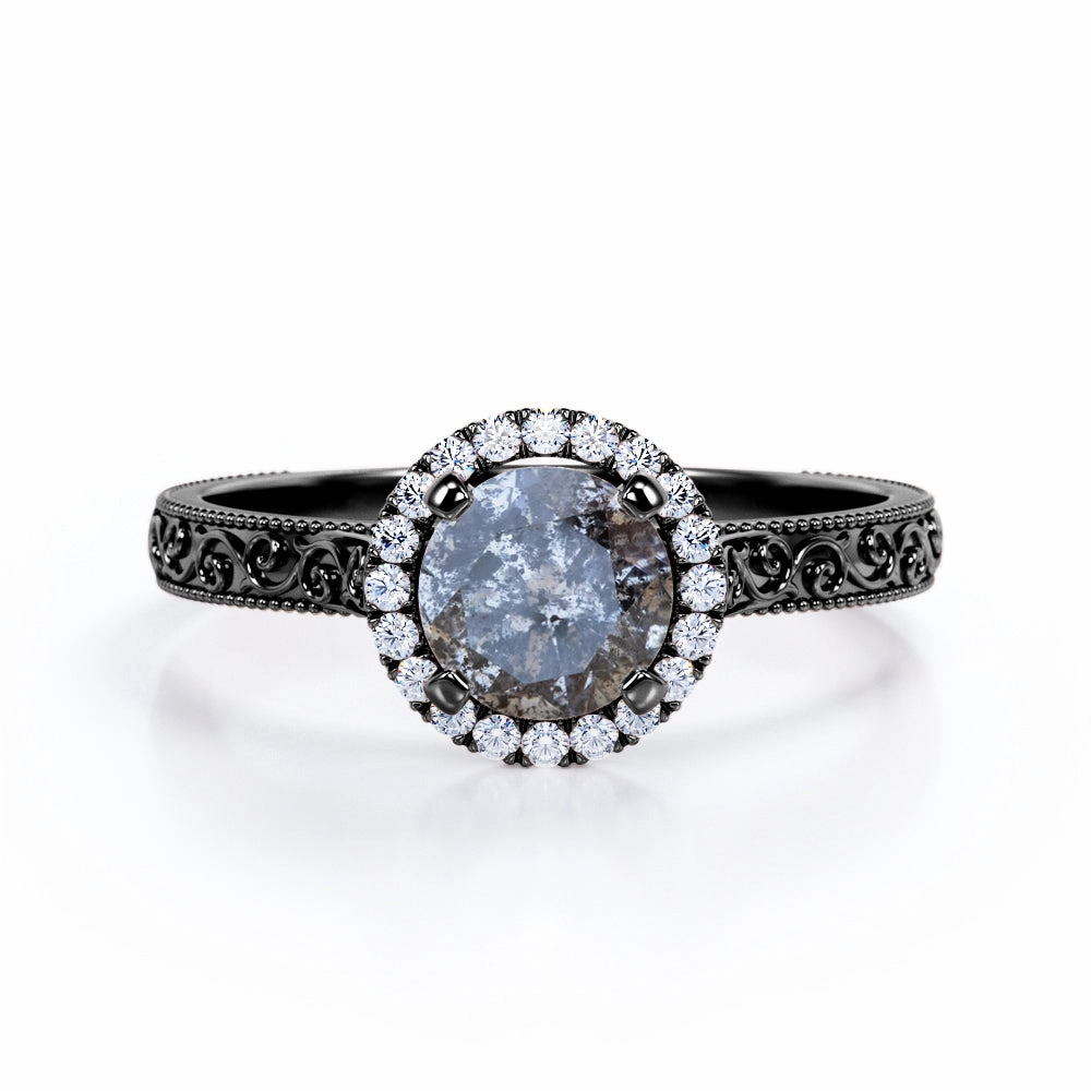 Halo 0.65 Ct Round Salt and Pepper Diamond Engagement Ring Sparkling Article Custom Piece