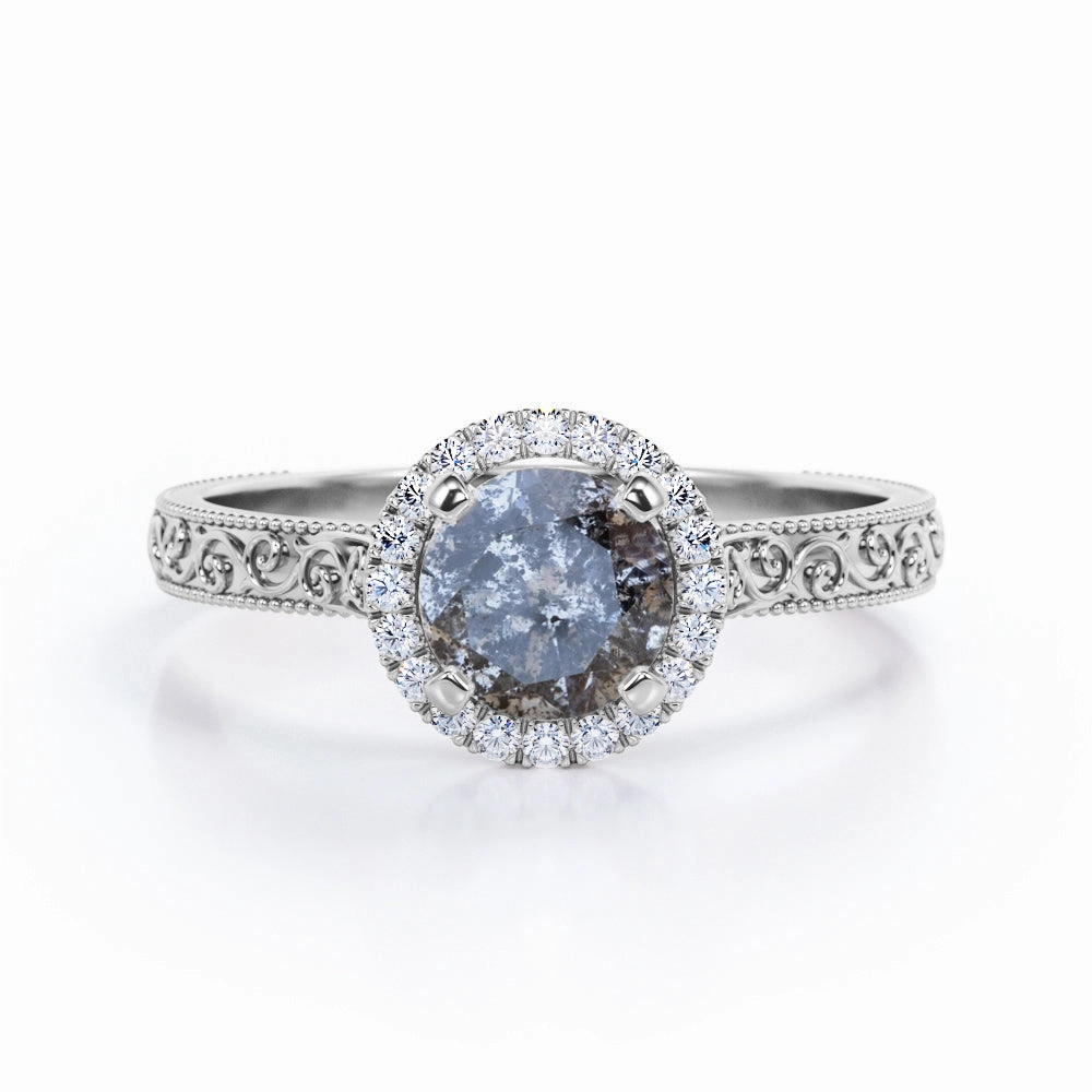 Halo 0.65 Ct Round Salt and Pepper Diamond Engagement Ring Personal Look