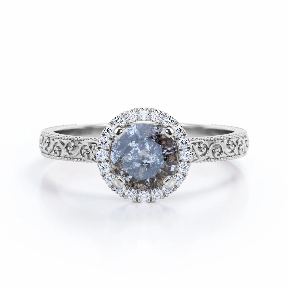 Halo 0.65 Ct Round Salt and Pepper Diamond Engagement Ring Engagement Party