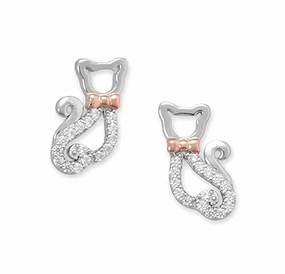 Kitty Cat with Bow Tie Stud Earrings Rhodium ad Rose Gold-plated Silver with Cubic Zirconia Comfortable Vibe Pretty Decor