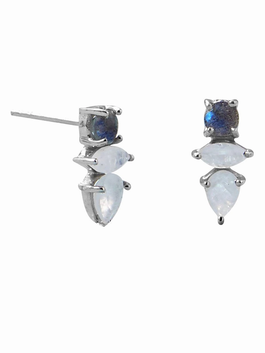 Labradorite and Rainbow Moonstone Earrings Sterling Silver Three Stones Decorative Adornment Chic Adornment