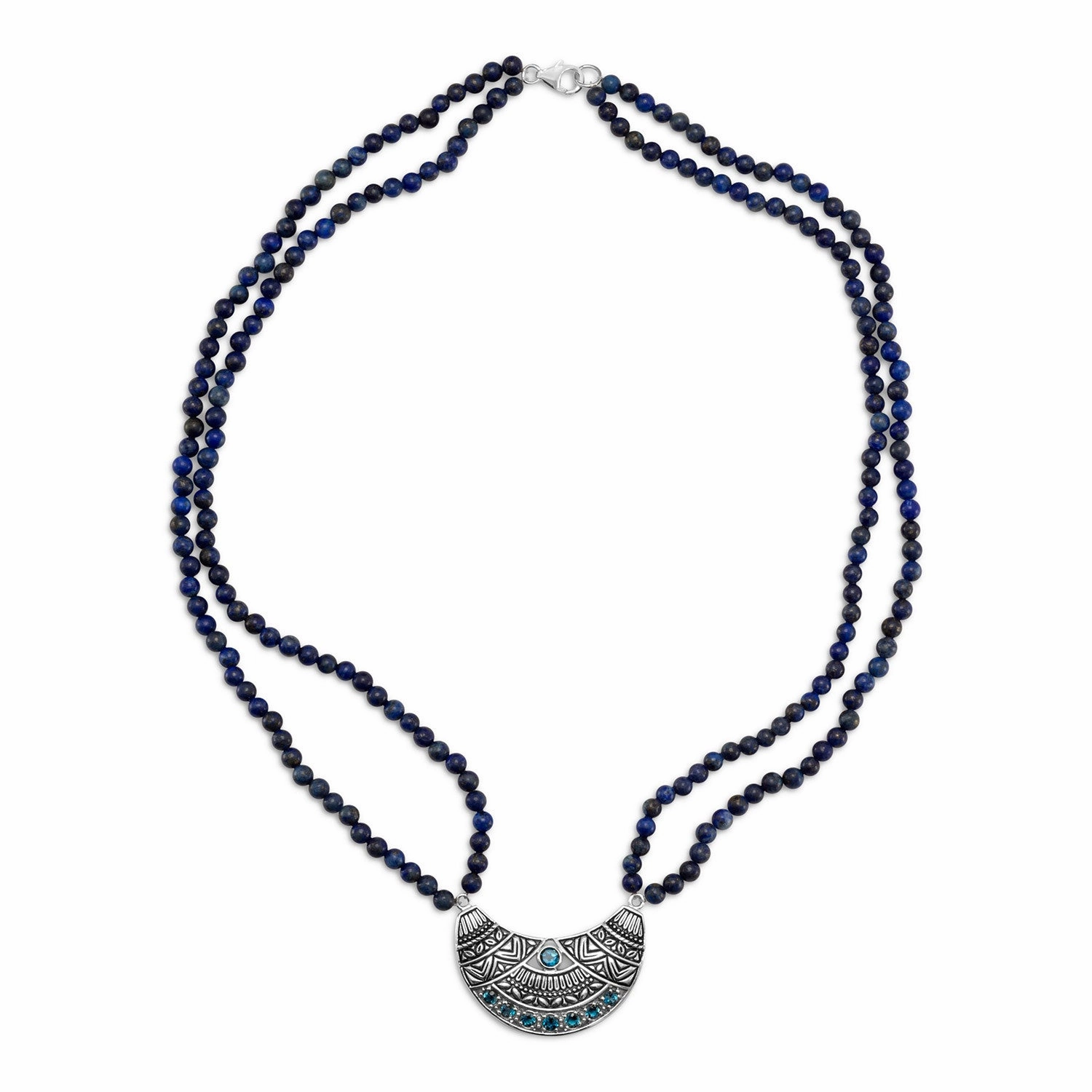 Cultural Highlight Lapis Lazuli Bead Double Strand Necklace Crescent Antiqued Pendant with Blue Topaz