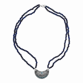 Cultural Highlight Lapis Lazuli Bead Double Strand Necklace Crescent Antiqued Pendant with Blue Topaz