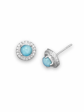 Larimar Post Stud Earrings with Cubic Zirconia Halo Rhodium on Sterling Silver Beach Jewelry Sparkling Decoration