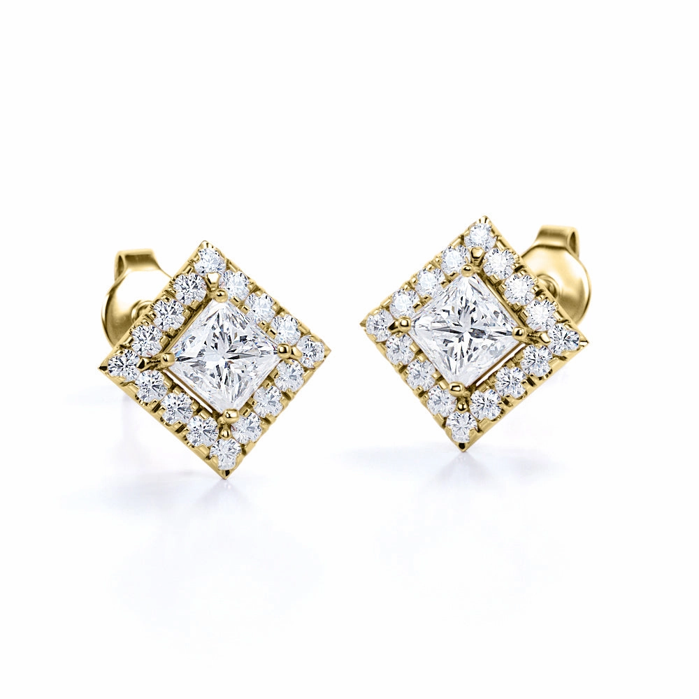 Bezel Set French Pave 1.10 Carat Princess Cut Certified Moissanite and Diamond 4 Claw Ear Studs for Women in Yellow Gold Timeless Embellishment