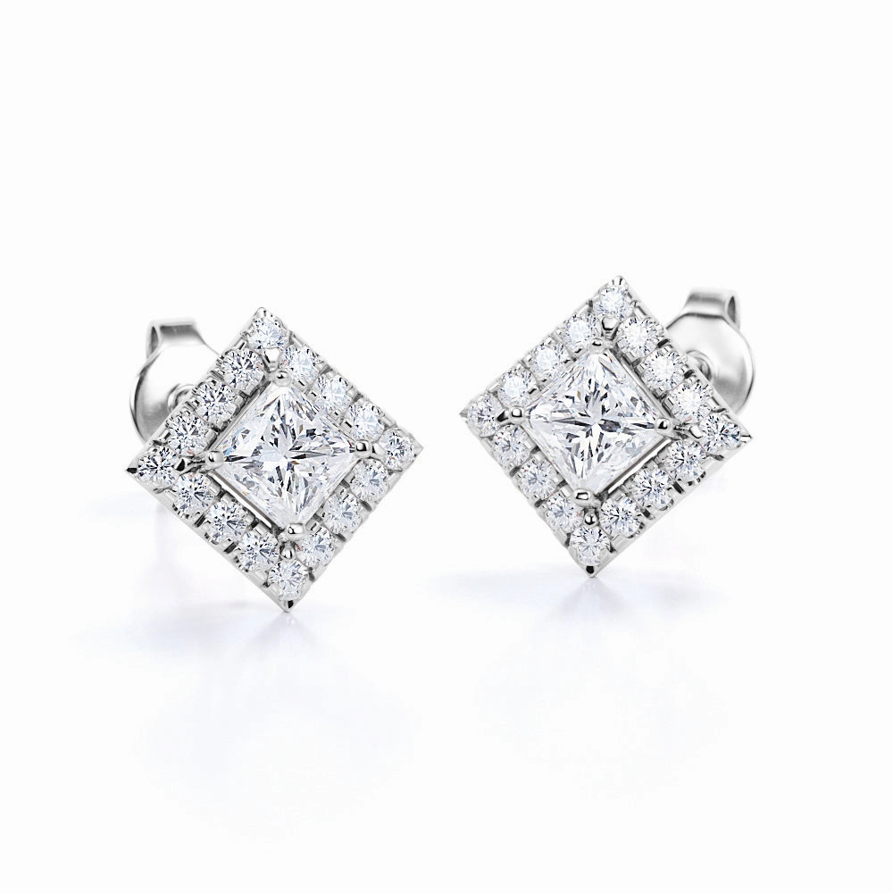 Stunning Accent Bezel Set French Pave 1.10 Carat Princess Cut Certified Moissanite and Diamond 4 Claw Ear Studs for Women in Yellow Gold