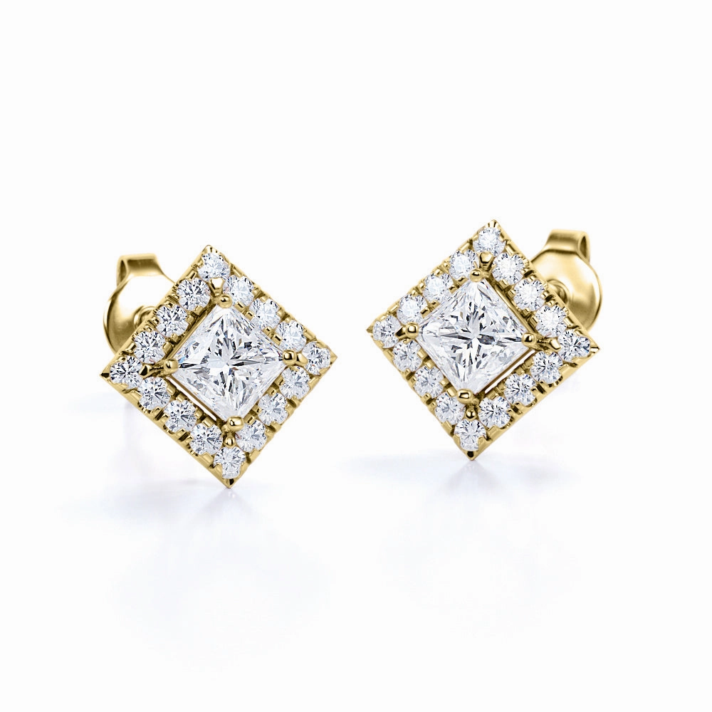 Classic Decor Vintage Ornament Bezel Set French Pave 1.10 Carat Princess Cut Certified Moissanite and Diamond 4 Claw Ear Studs for Women in Yellow Gold