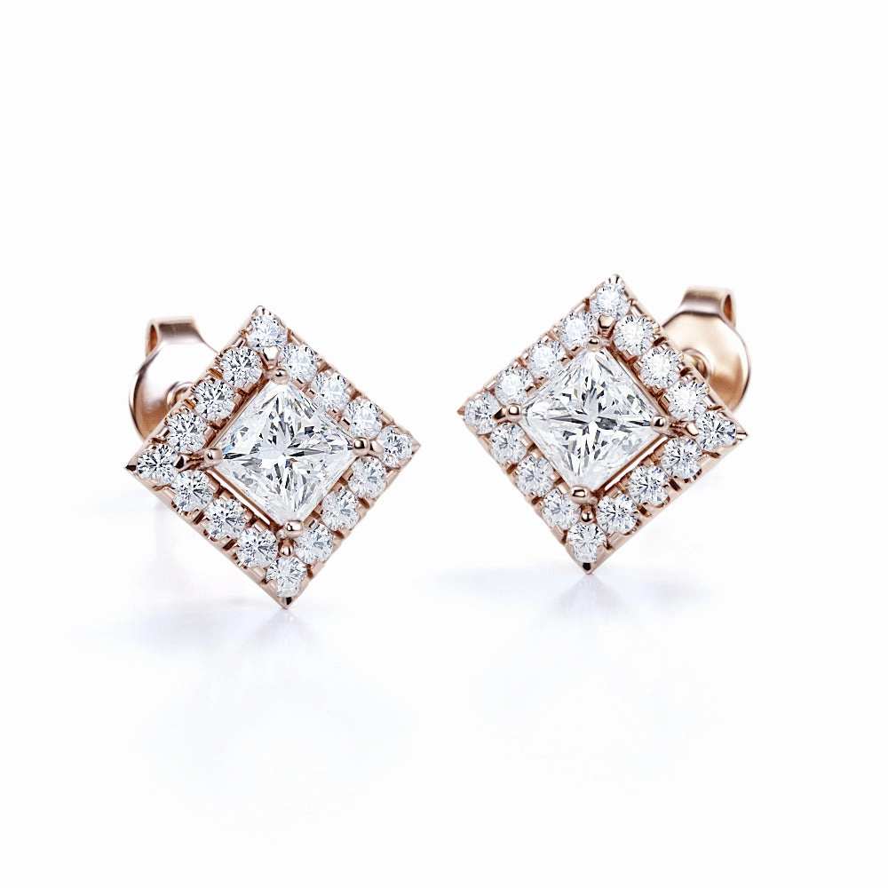 Bezel Set French Pave 1.10 Carat Princess Cut Certified Moissanite and Diamond 4 Claw Ear Studs for Women in Yellow Gold Stylish Embellishment