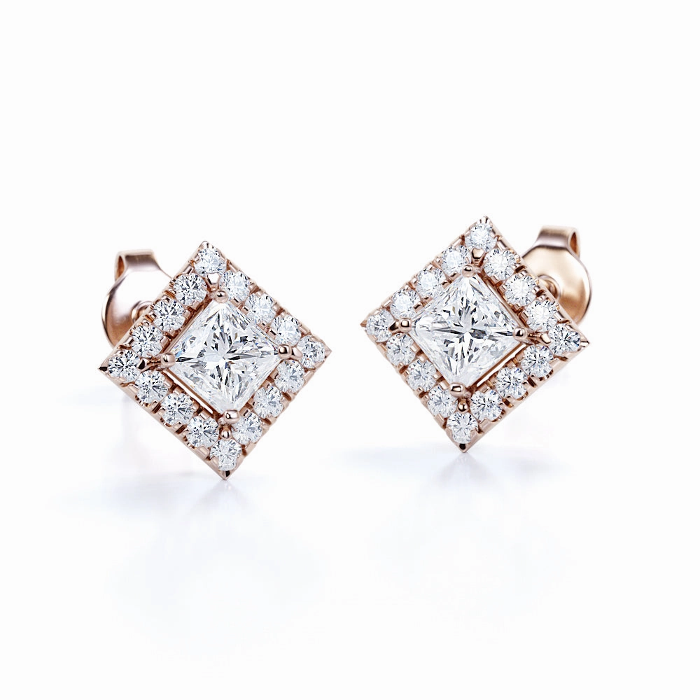 Trendy Accent Bezel Set French Pave 1.10 Carat Princess Cut Certified Moissanite and Diamond 4 Claw Ear Studs for Women in Yellow Gold