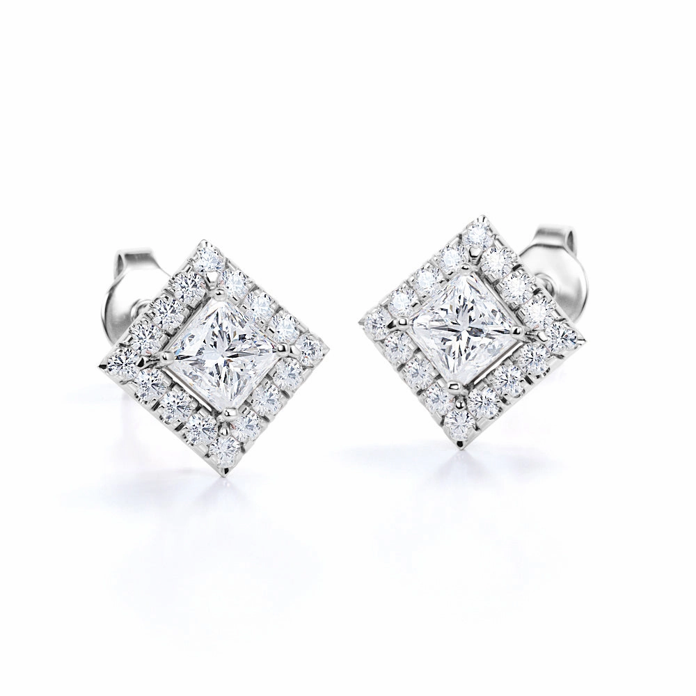 Bezel Set French Pave 1.10 Carat Princess Cut Certified Moissanite and Diamond 4 Claw Ear Studs for Women in Yellow Gold Secure Design Splendid Jewelry