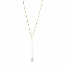Lariat Y-Style Necklace Gold-plated with Cubic Zirconia and Imitation Pearl Drop Evening Item