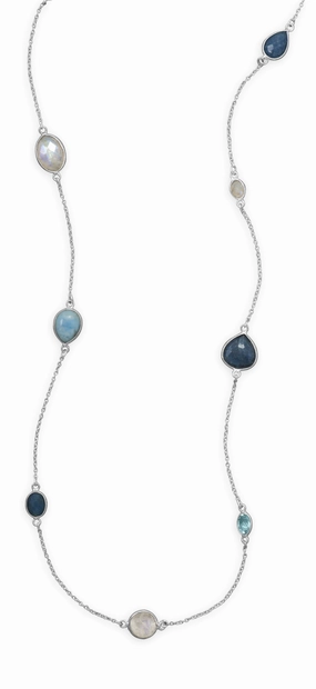 Gorgeous Gift Larimar, Blue Topaz, Dyed Aquamarine, Rainbow Moonstone Necklace Sterling Silver