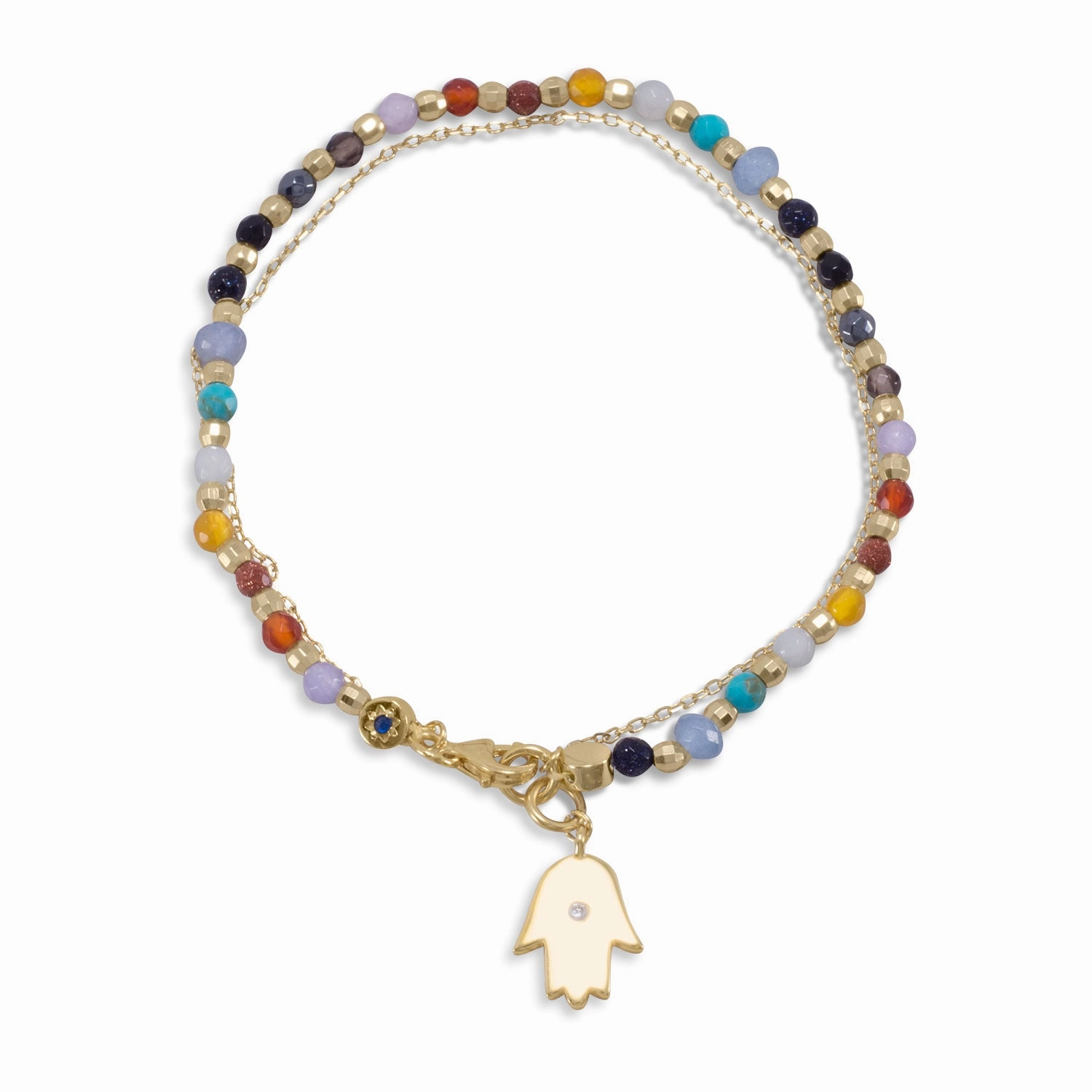 Emerald Rank Layered Bracelet Hamsa Charm and Genuine Stone Beads Gold-plated