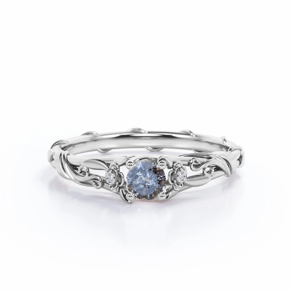 Leaf 0.45 Ct Round Salt and Pepper Diamond Engagement Ring Branded Piece Vintage Mark