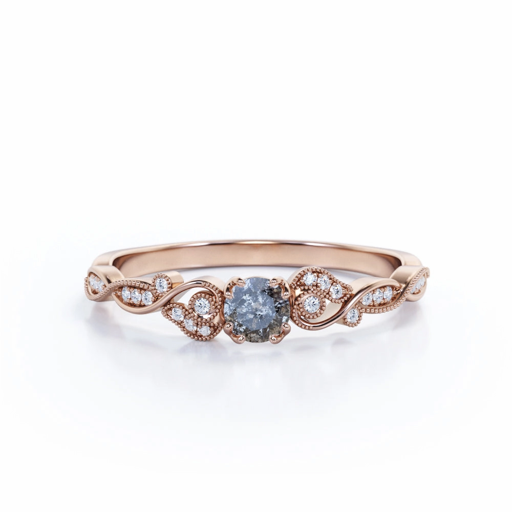 Experimental Design Festive Look Leaf 0.50 Ct Round Salt and Pepper Diamond Engagement Ring