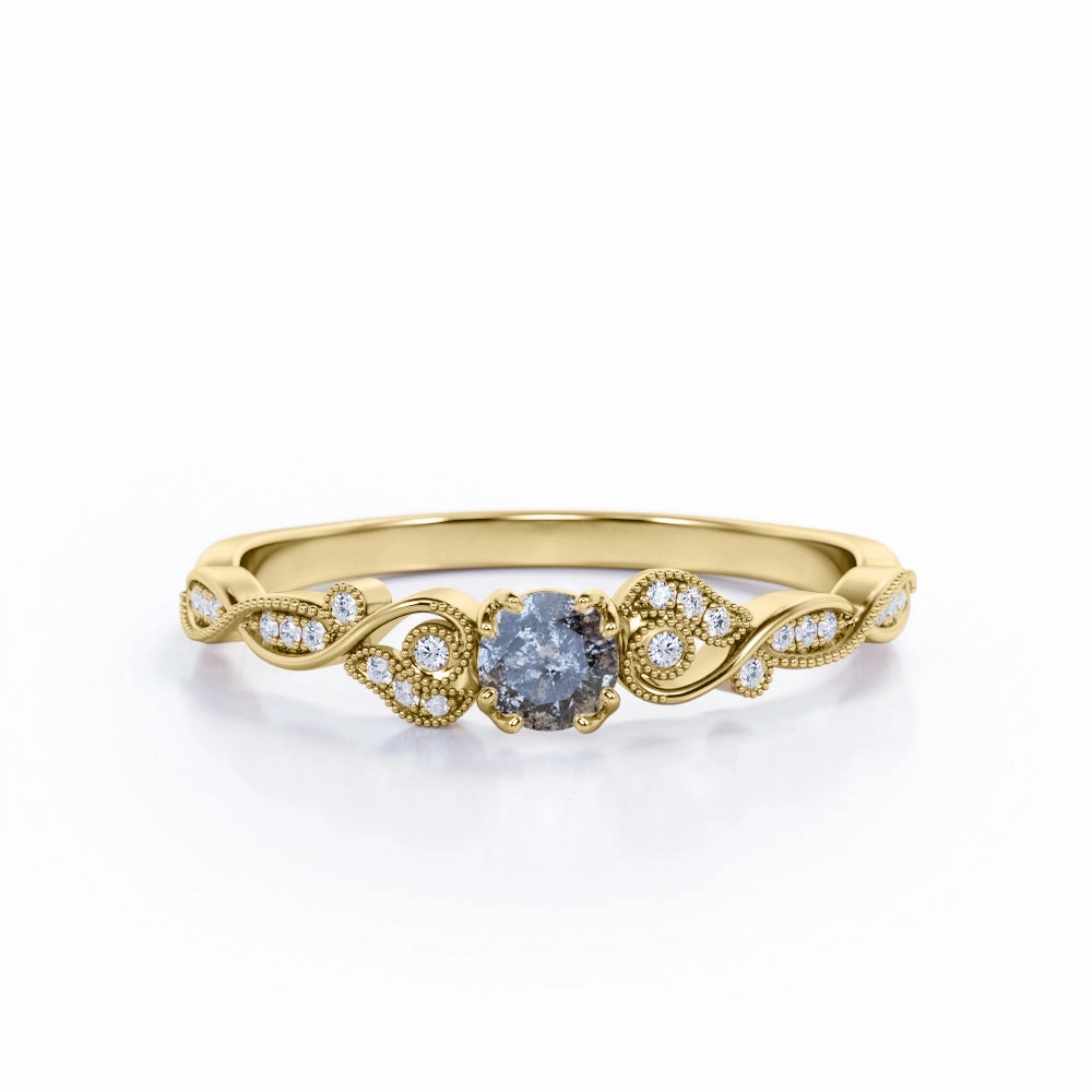 Leaf 0.50 Ct Round Salt and Pepper Diamond Engagement Ring Premium Statement Delicate Keepsake