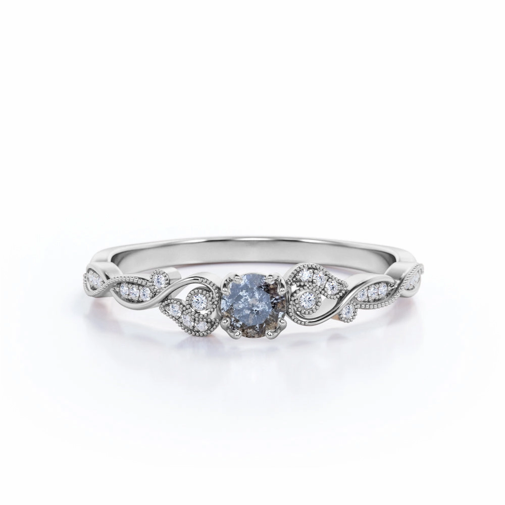 Leaf 0.50 Ct Round Salt and Pepper Diamond Engagement Ring Fashion Present Durable Appearance