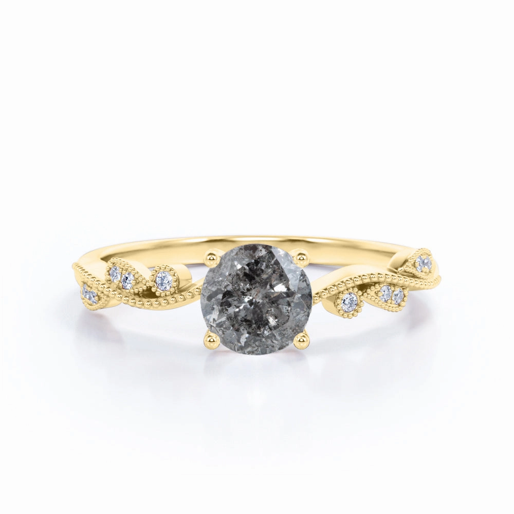 Leaf 0.65 Ct Round Cut Salt and Pepper Diamond Engagement Ring Elegant Geometry