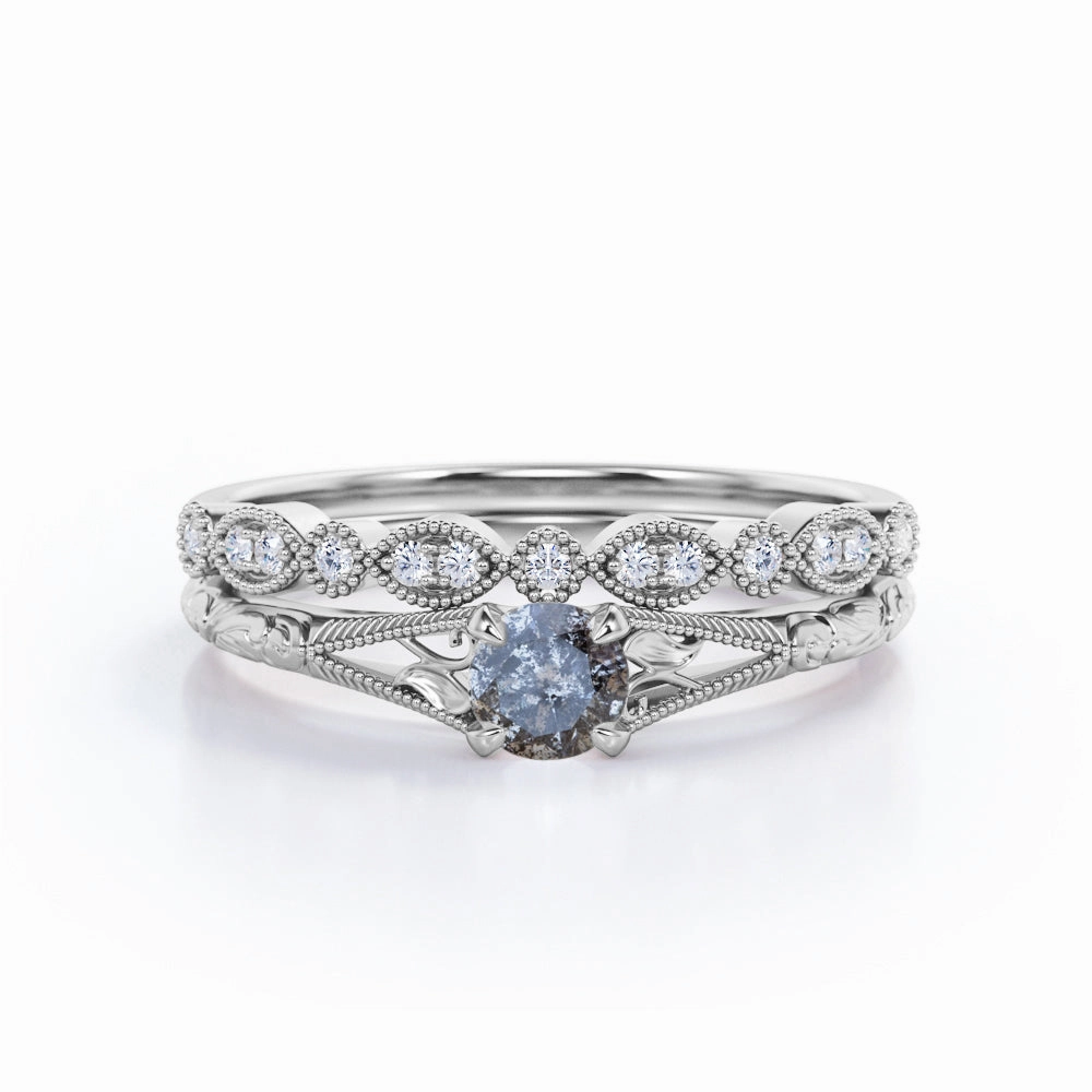 Beautiful Trinket Bold Glint Leaf 0.75 Ct Round Salt and Pepper Diamond Wedding Ring Set