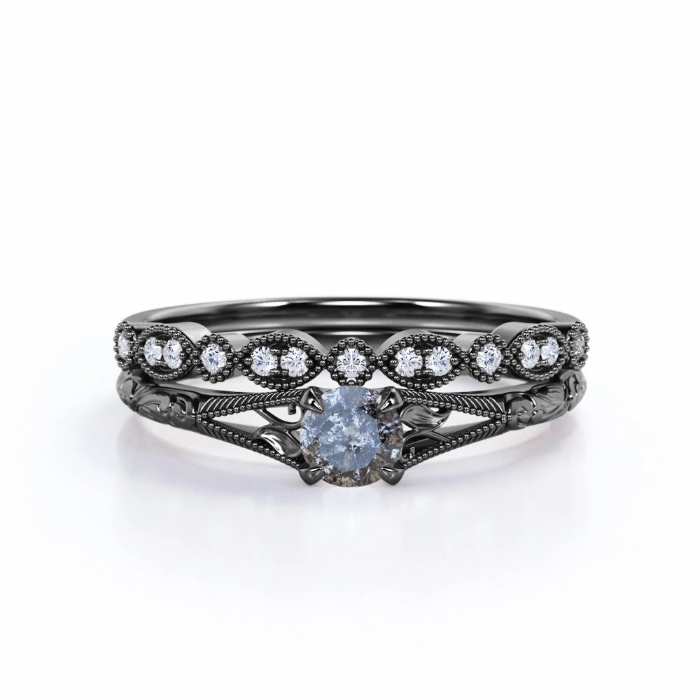 Leaf 0.75 Ct Round Salt and Pepper Diamond Wedding Ring Set Budget Embellishment