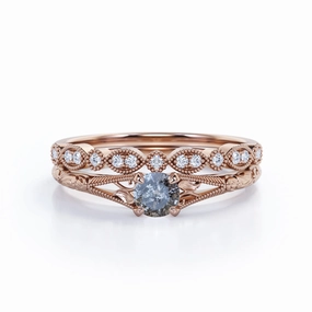 Heavy Duty Contemporary Grace Leaf 0.75 Ct Round Salt and Pepper Diamond Wedding Ring Set