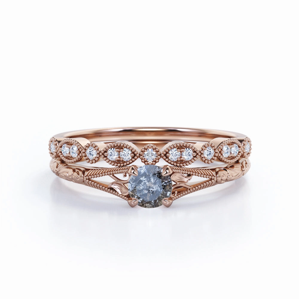 Organic Design Vintage Jewelry Leaf 0.75 Ct Round Salt and Pepper Diamond Wedding Ring Set