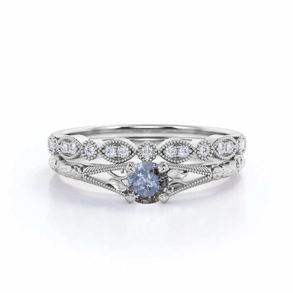 Custom Expression Leaf 0.75 Ct Round Salt and Pepper Diamond Wedding Ring Set