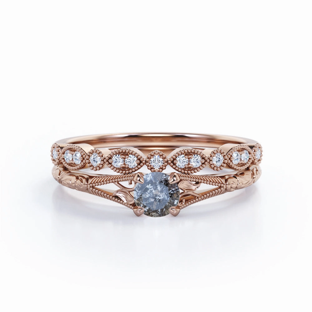 Leaf 0.75 Ct Round Salt and Pepper Diamond Wedding Ring Set Modern Token