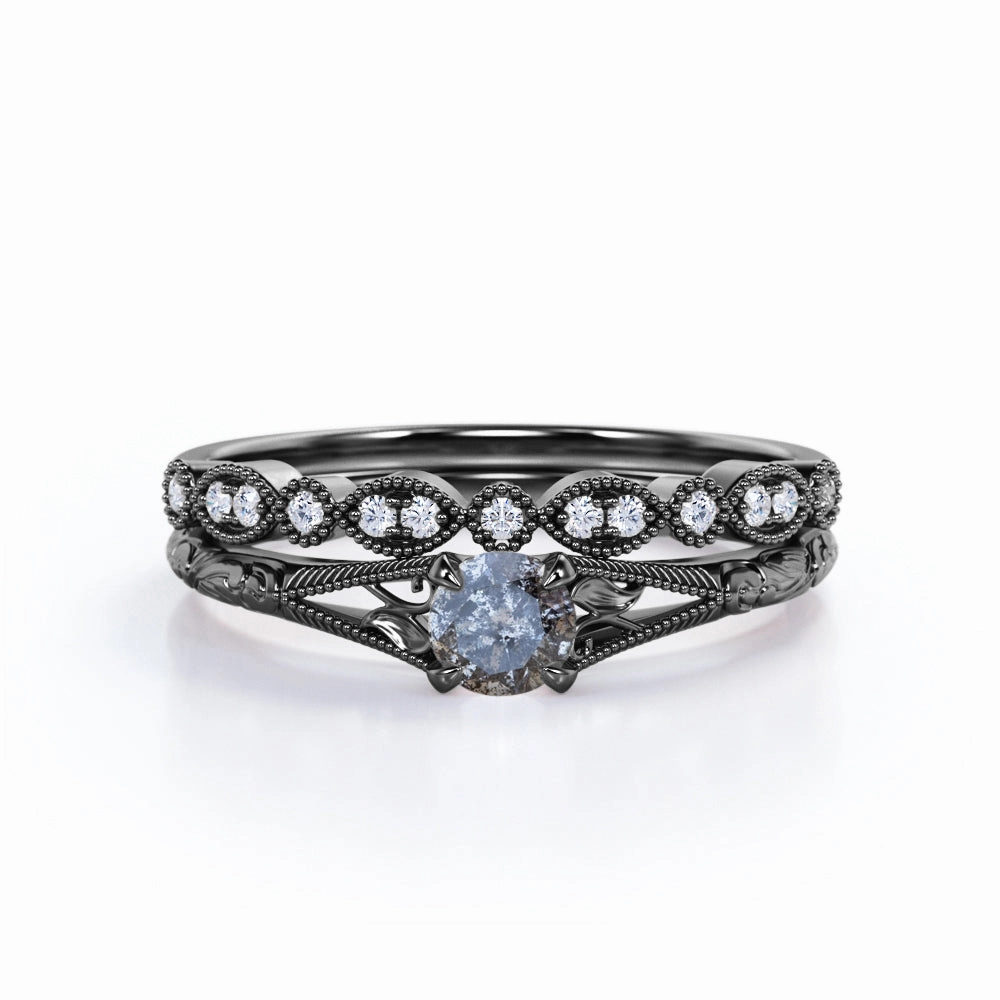 Leaf 0.75 Ct Round Salt and Pepper Diamond Wedding Ring Set Resilient Look