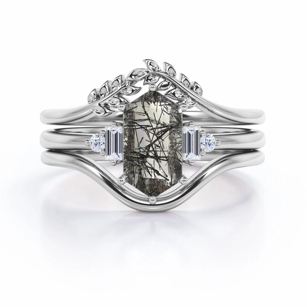Abstract Pattern Excellent Work Leaf 1.15 ct Hexagon Black Rutilated Quartz Five Stone Bridal Set