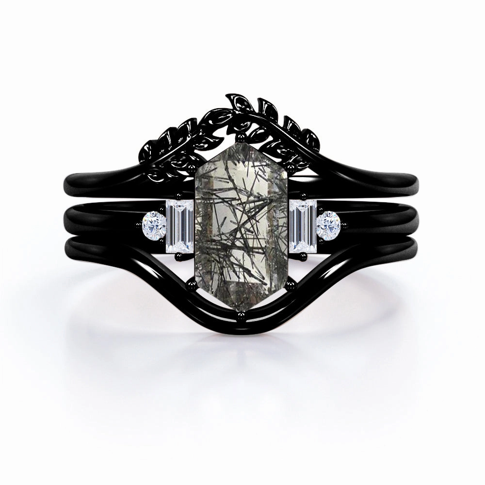 Contemporary Keepsake Balanced Motion Leaf 1.15 ct Hexagon Black Rutilated Quartz Five Stone Bridal Set