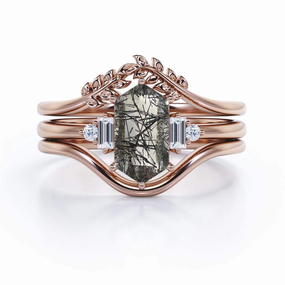 Postmodern Design Leaf 1.15 ct Hexagon Black Rutilated Quartz Five Stone Bridal Set