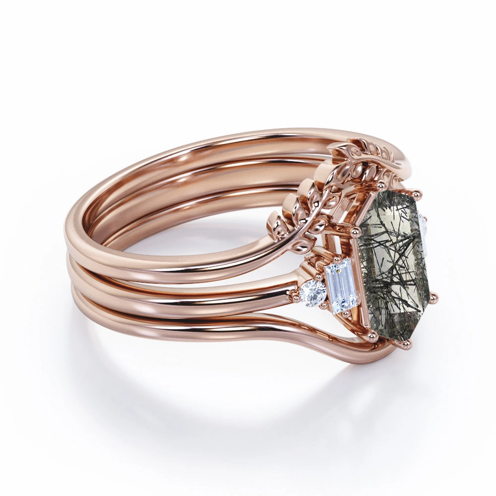 Trendy Statement Leaf 1.15 ct Hexagon Black Rutilated Quartz Five Stone Bridal Set