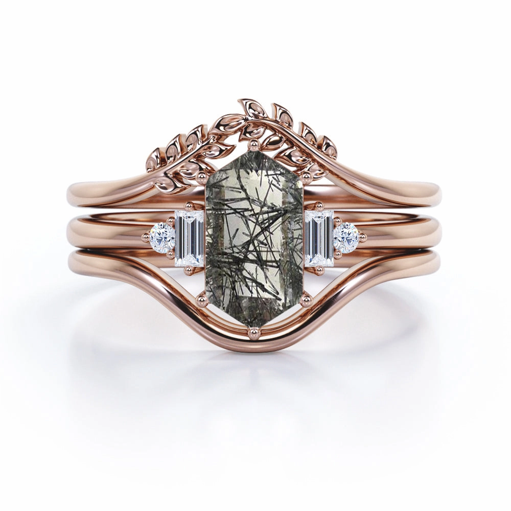 Leaf 1.15 ct Hexagon Black Rutilated Quartz Five Stone Bridal Set Polished Form Fine Details