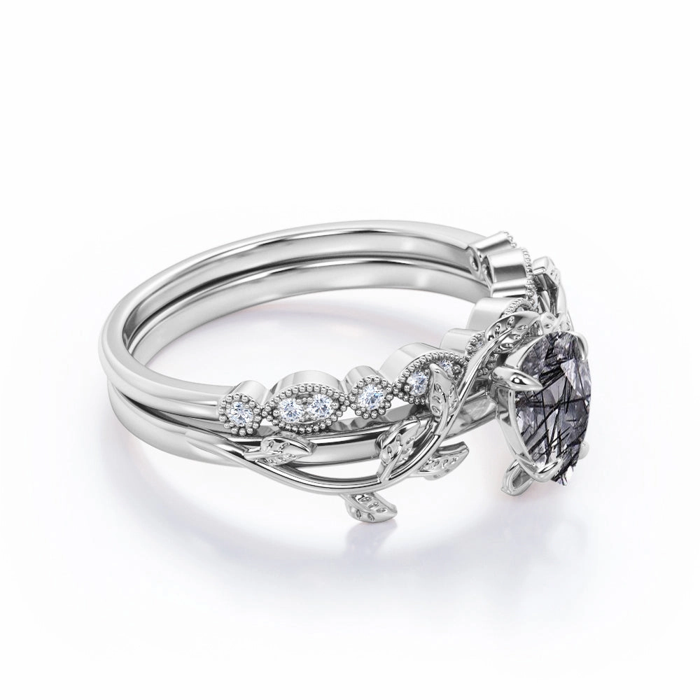 Leaf Art Deco 1.25 ct Pear Black Rutilated Quartz Wedding Ring Set Modern Contour Strong Look