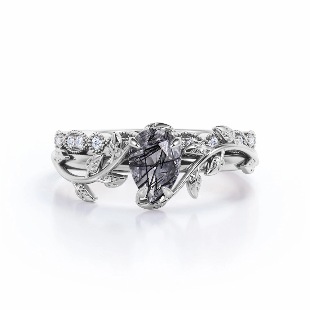 Stylish piece Unique Item Leaf Art Deco 1.25 ct Pear Black Rutilated Quartz Wedding Ring Set