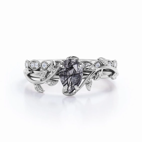 Leaf Art Deco 1.25 ct Pear Black Rutilated Quartz Wedding Ring Set Sister Present Modern Appearance