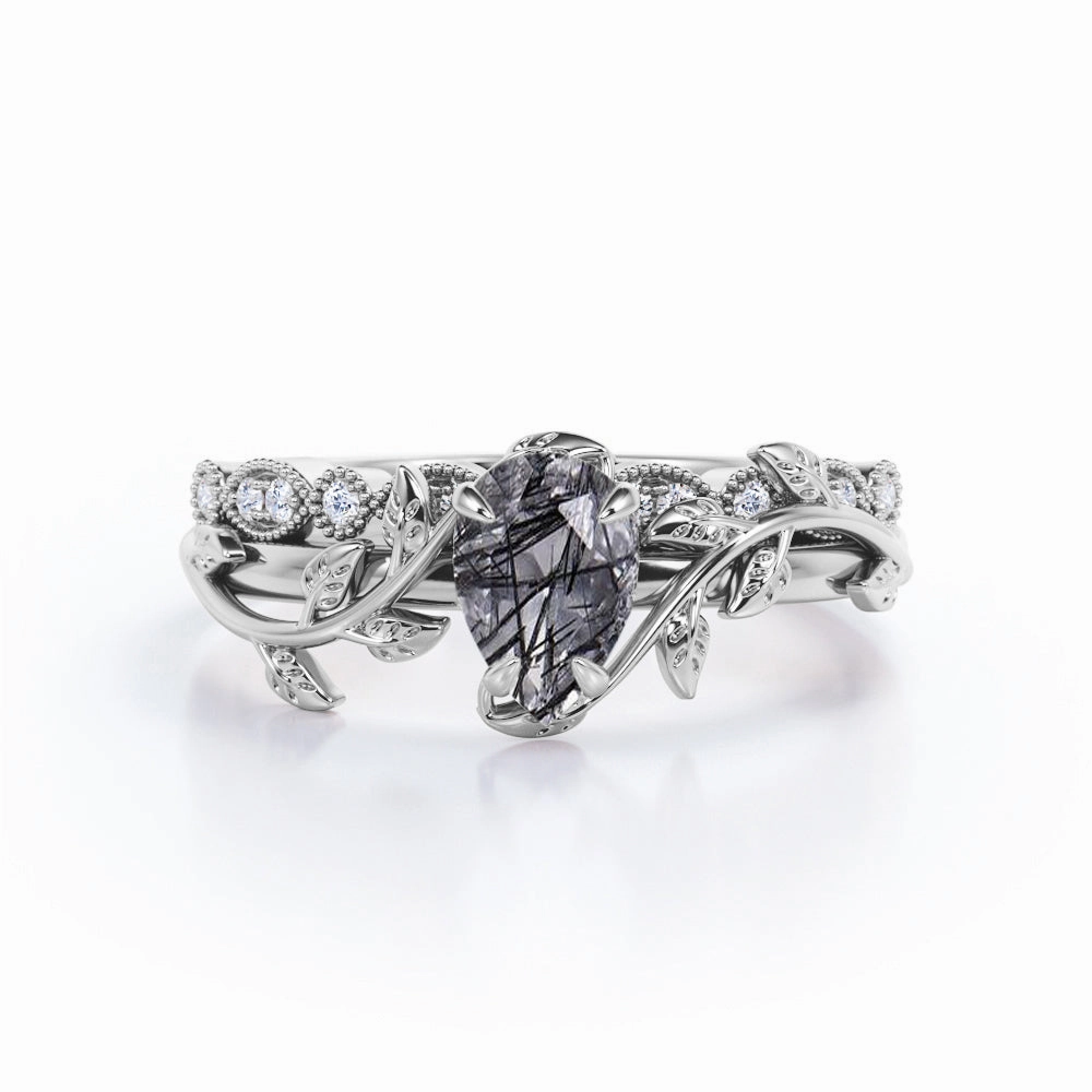 Exquisite Article Leaf Art Deco 1.25 ct Pear Black Rutilated Quartz Wedding Ring Set