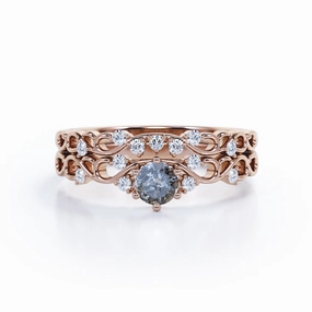 Leaf-Inspired 0.75 Ct Round Salt and Pepper Diamond Wedding Ring Set Romantic Gesture Designer Accessory