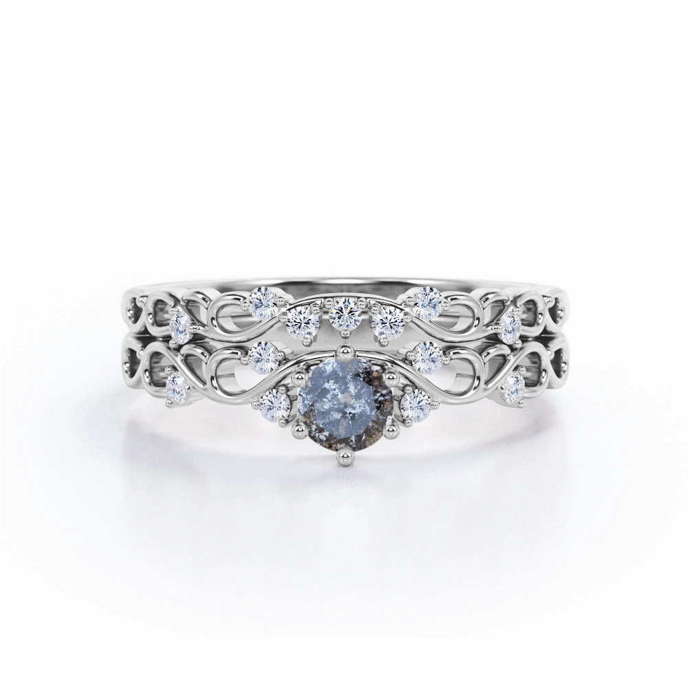 Simple Keepsake Medal Quality Leaf-Inspired 0.75 Ct Round Salt and Pepper Diamond Wedding Ring Set