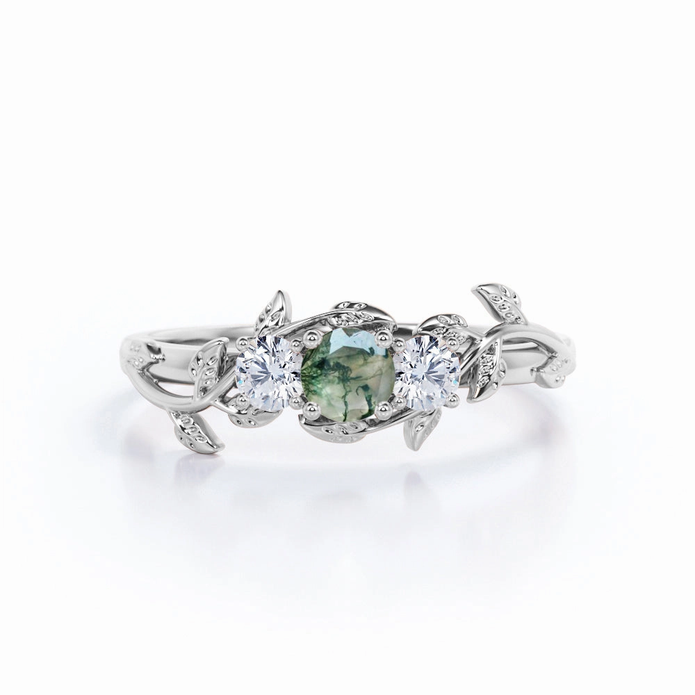 Leafy 0.8 Carat Round Cut Moss Agate Engagement Ring Strong Object Holiday Choice