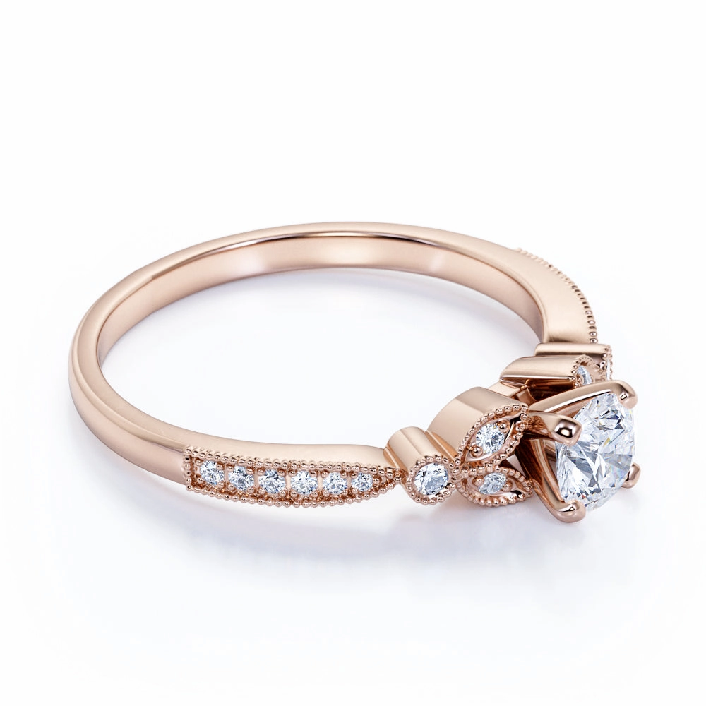 Leaves 0.35 ct TDW Round Sparkling Diamond and Modern Art Deco Engagement Ring in Rose Gold Future Classic