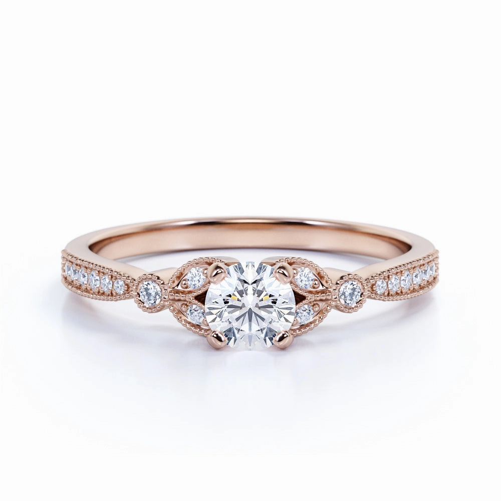Fashion feature Leaves 0.35 ct TDW Round Sparkling Diamond and Modern Art Deco Engagement Ring in Rose Gold