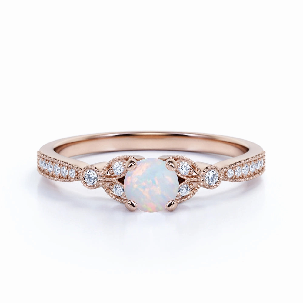 Leaves 1 Carat Round Milky White Opal and Diamond Modern Art Deco Engagement Ring in Rose Gold Custom Trinket Beautiful Trinket