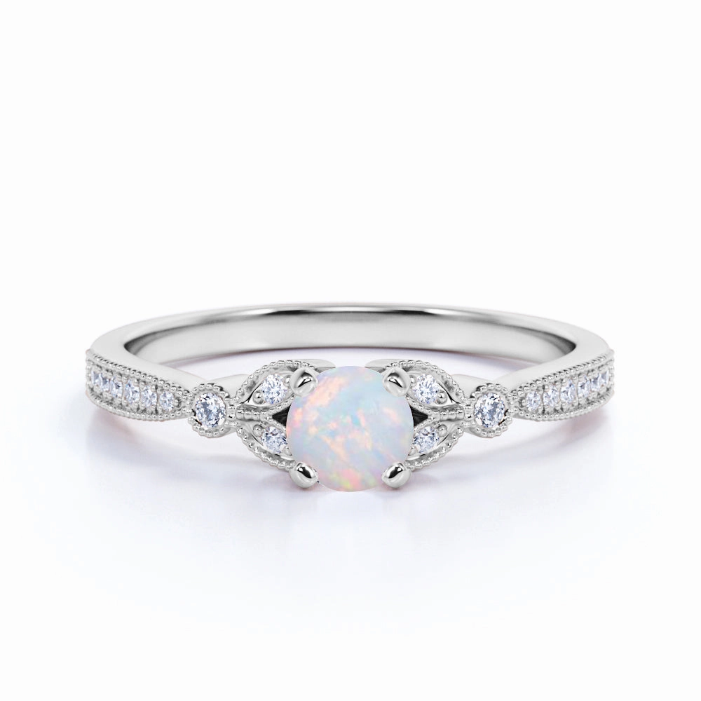 Day To Night Eye Catching Leaves 1 Carat Round Milky White Opal and Diamond Modern Art Deco Engagement Ring in Rose Gold