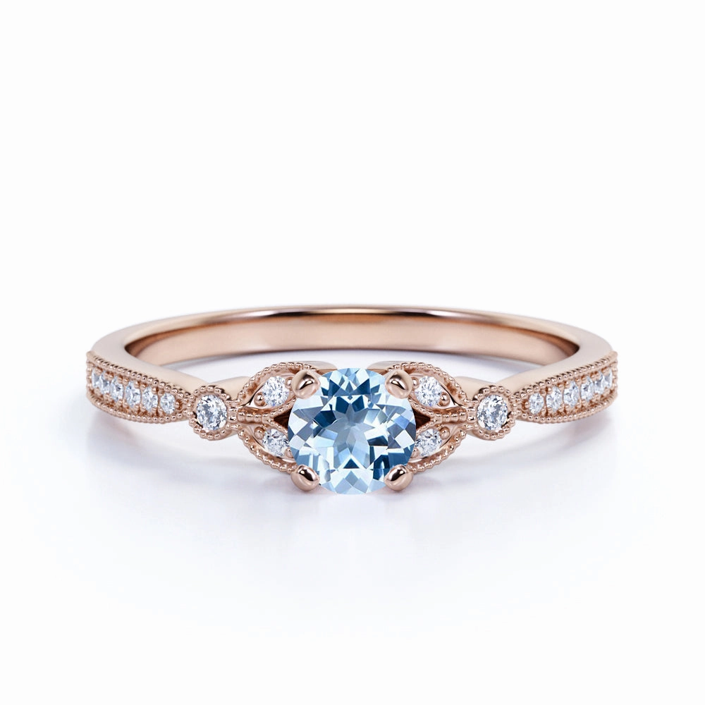 Leaves 1 ct Round Aquamarine Art Deco Engagement Ring Stylish Item Chic Accent
